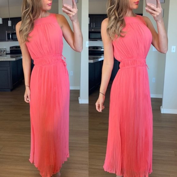 Lewit Dresses & Skirts - Lewit Silk Neon Coral Pleated Chiffon Maxi Dress 4